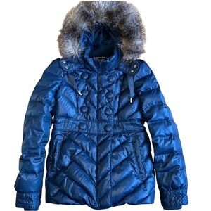 Juicy Couture Blue Down Puffer Jacket Faux Fur Hood Size M